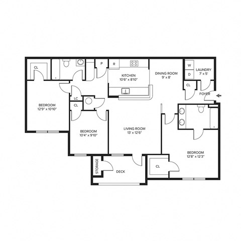 Floor plan for 3 beds, 2 baths, 1287 sqft